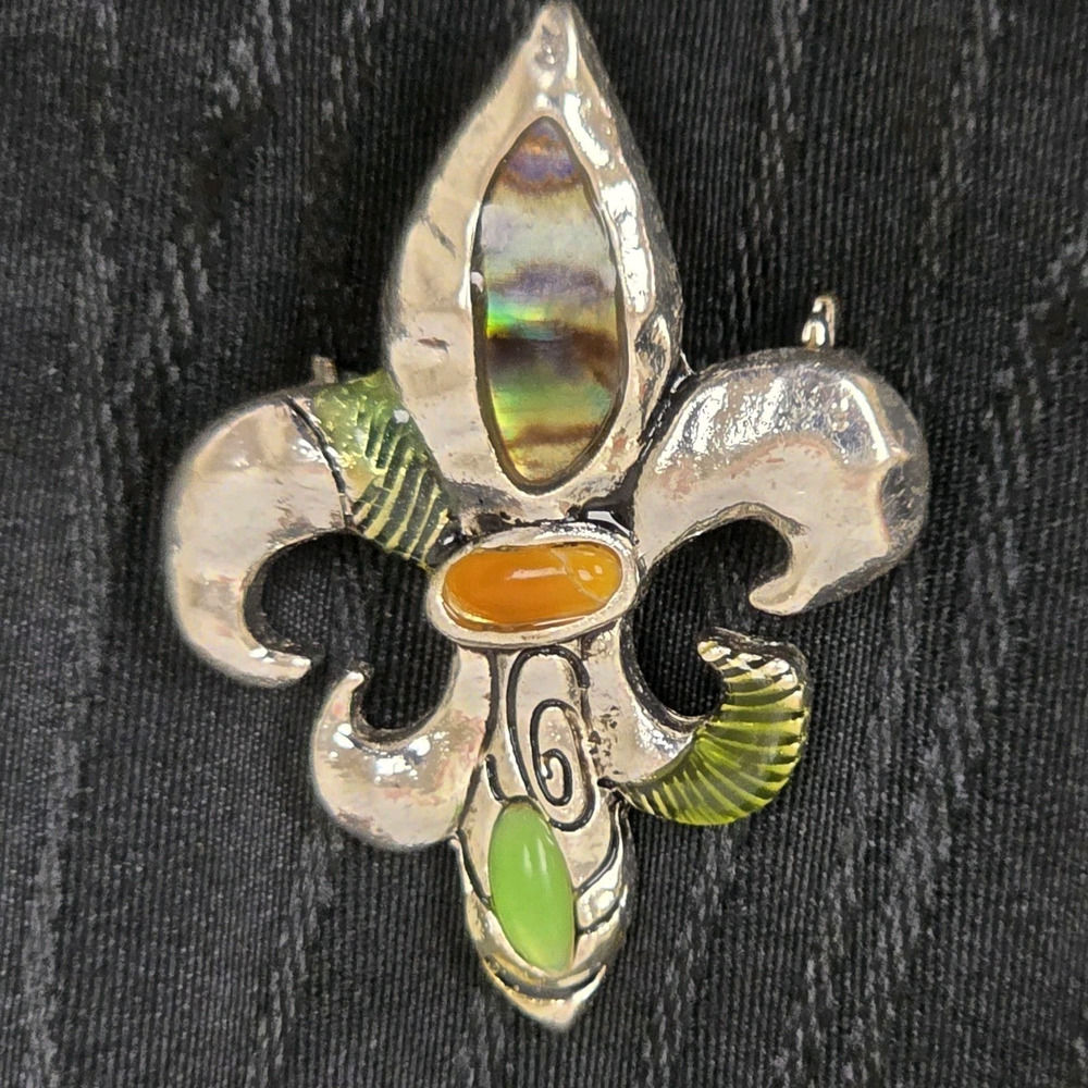 Fleur De Lis Brooch Pin Pendant Silver Tone Faux Green & Amber Stones.